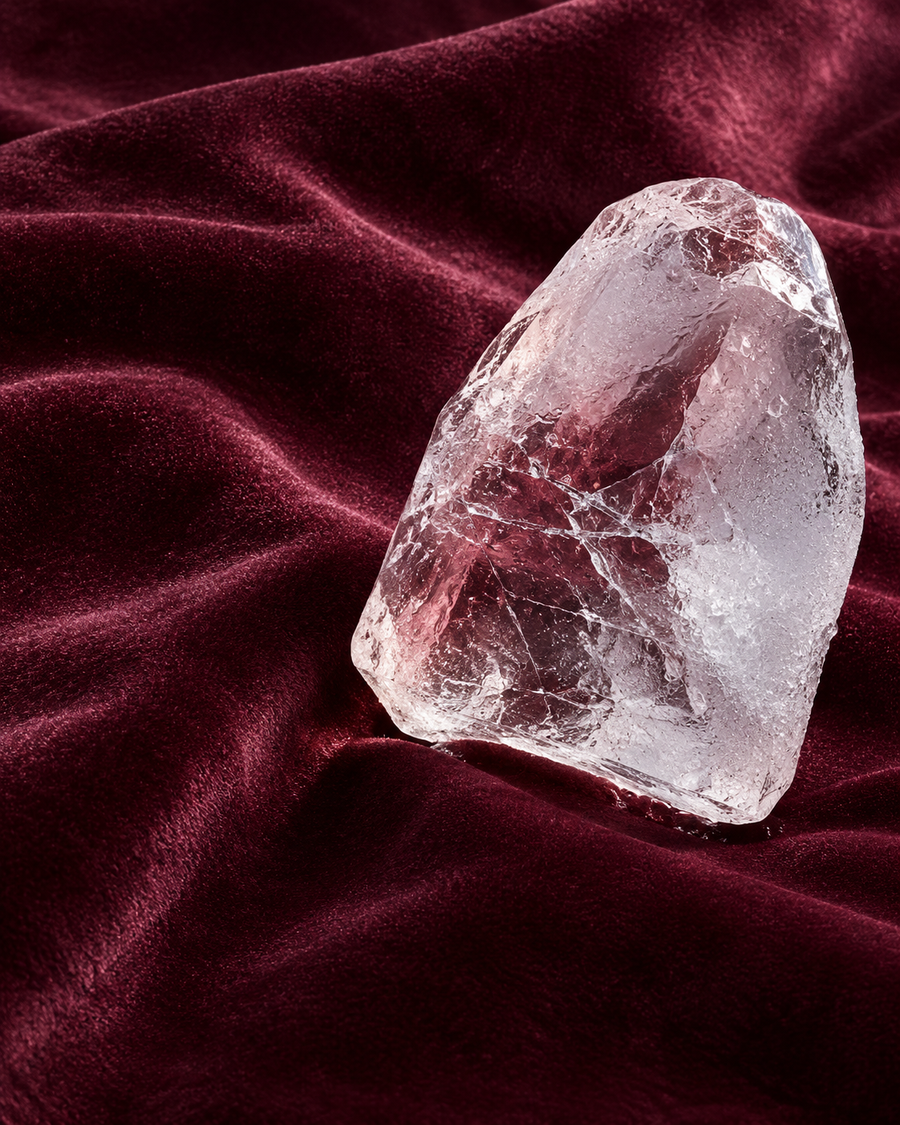 Textured wine-coloured velvet fabric with a translucent, sculptural piece of ice